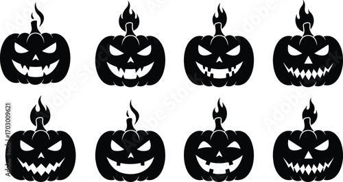 Set of spooky Halloween pumpkin jack-o'-lanterns with various creepy carved faces and flaming stems perfect for festive autumn designs.