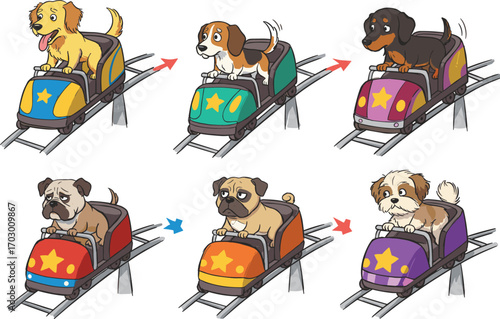 Cartoon dogs riding roller coaster, cute puppies in amusement park ride, funny dog characters, adorable pet theme, vector illustration
