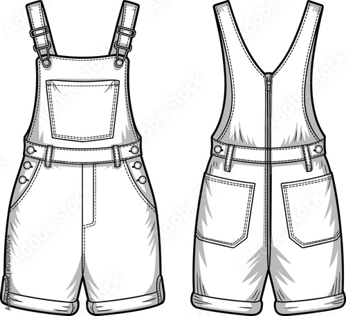 Denim short overalls flat sketch, unisex dungarees fashion template, casual summer jumpsuit design, vector clothing illustration, technical apparel drawing