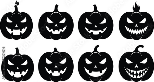 Set of scary Halloween pumpkin jack-o'-lanterns with various angry carved faces and unique stems perfect for spooky designs.