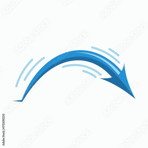 A dynamic blue arrow curves downward from left to right featuring motion lines on a white background
