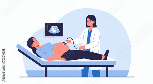 A doctor performs an ultrasound on a pregnant woman lying on an examination bed with a monitor displaying the fetus