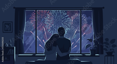 A couple embracing from behind watching vibrant fireworks explode outside a large window from a dimly lit room