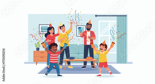 A diverse group of adults and children in party hats celebrate with confetti poppers in a modern living room