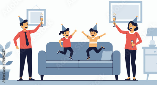 A family of four including two adults with drinks and two children jumping on a sofa all wearing party hats in a living room