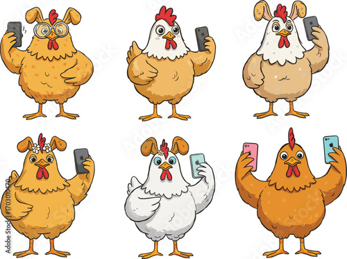 Funny cartoon chickens taking selfies, cute farm animals with smartphones, humorous poultry characters, social media concept, digital chicken art