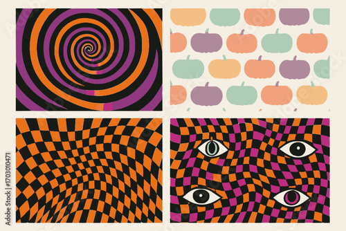 Colorful psychedelic pattern set with spirals, checkerboards, pumpkins, and surreal eyes