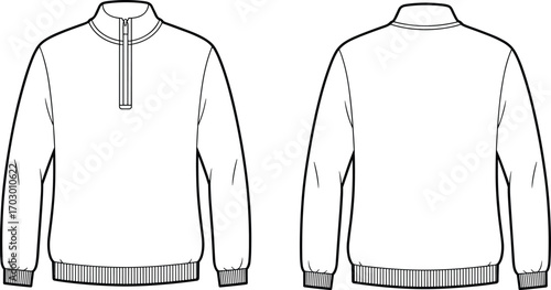 Half zip sweatshirt flat sketch, unisex pullover fashion template, casual sportswear clothing design, vector apparel illustration, technical garment drawing mockup