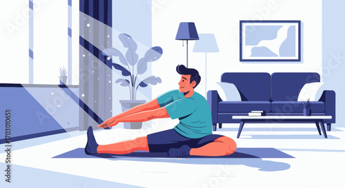 A man stretches on a blue yoga mat in a sunlit living room with a sofa coffee table plants and lamps