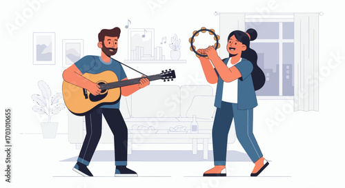 A man plays guitar while a woman plays tambourine in a living room with a sofa window and wall decor