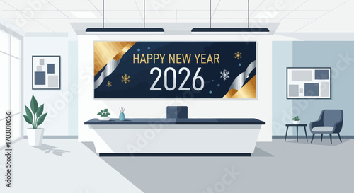 A modern office reception area featuring a Happy New Year 2026 banner a desk plants and framed art