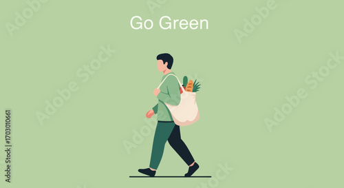 A person walks carrying a reusable tote bag with groceries against a solid green background with Go Green text