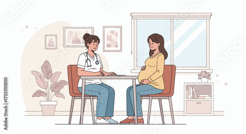 A pregnant woman and a professional in scrubs with a stethoscope sit smiling at a table in a room with a window