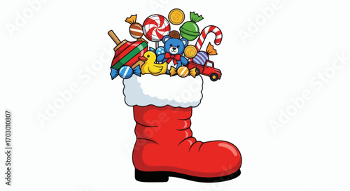A red Christmas stocking overflowing with colorful toys and candies including a teddy bear duck and lollipop