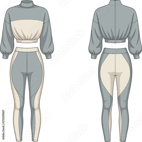 Women’s modern activewear fashion flat sketch, two tone workout set with crop sweatshirt and leggings, stylish sportswear clothing template vector illustration