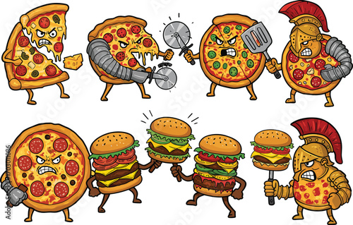 Funny pizza and burger warriors battle, food fight cartoon, fast food characters, humorous combat illustration, angry snacks, food war heroes