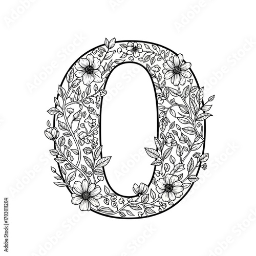 Elegant floral letter o with delicate flowers and leaves