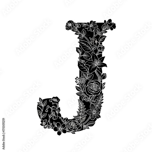 Elegant floral letter j silhouette with white outline on black background