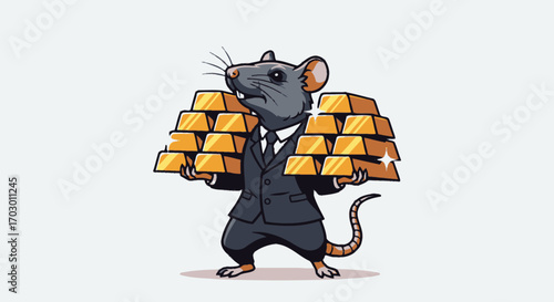 Anthropomorphic grey rat in a dark suit carrying two large stacks of golden bullion against a light background