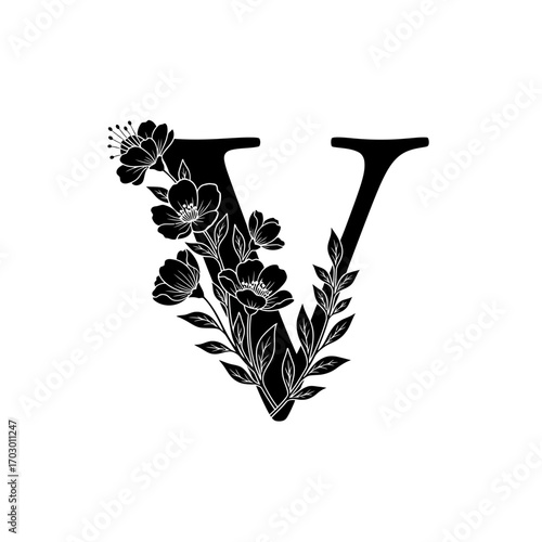 Elegant black letter v with floral embellishments and leaves