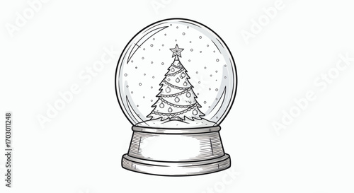 Black and white illustration of a snow globe containing a decorated Christmas tree with a star topper and snowflakes