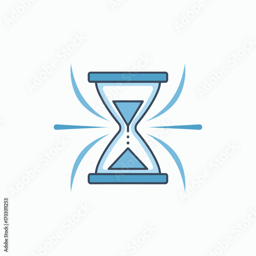 Blue and white hourglass with flowing sand and dynamic lines on a white background