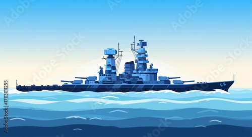 Blue pixel art battleship numbered 66 with camouflage sails on a wavy ocean under a gradient sky