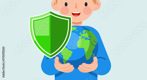 Cartoon child in blue shirt holding Earth green shield in front light blue background