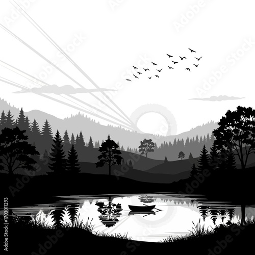 Serene lakeside forest landscape with sunrise and birds flying