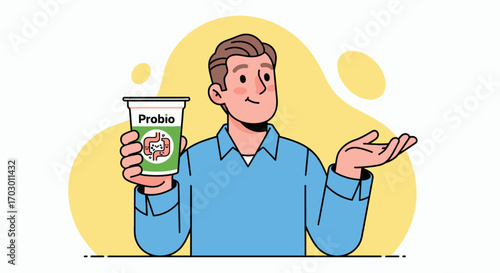 Cartoon man holding a Probio cup with a gut illustration gesturing on a white background with yellow shapes