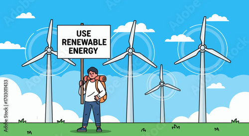 Cartoon person with backpack holds USE RENEWABLE ENERGY sign in a grassy field with multiple wind turbines