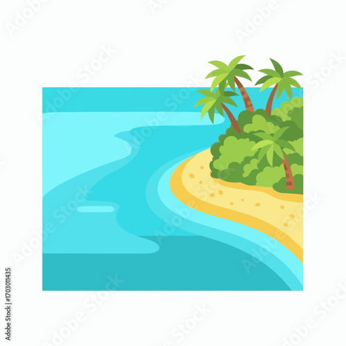 Cartoon island with sandy beach blue ocean green bushes and multiple palm trees under a clear sky