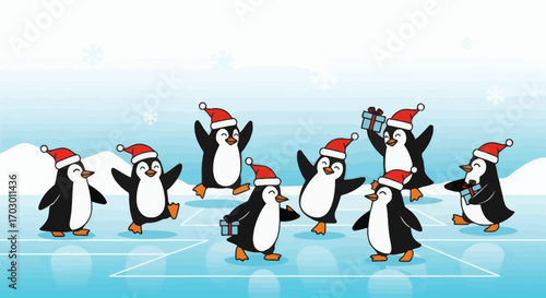 Cartoon penguins in Santa hats on an ice rink with gifts snowy hills and snowflakes