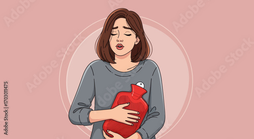 Cartoon woman in grey top holds a red hot water bottle to her stomach eyes closed on a pink background
