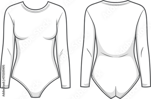 Long sleeve bodysuit fashion flat sketch, women apparel template, vector clothing design, stylish leotard outline, modern garment illustration, apparel mockup