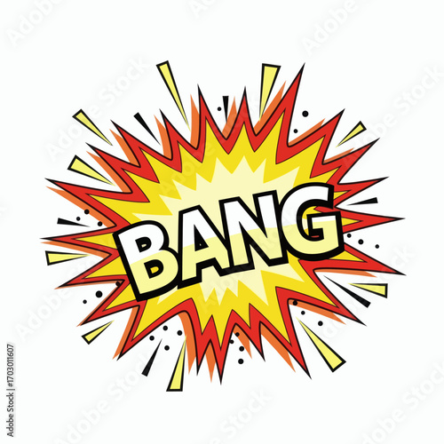 Comic book style explosion graphic with BANG text in yellow red and black against a white background