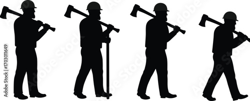 Silhouette of four lumberjack workers in helmets carrying axes and tools, walking and standing, forestry logging labor vector illustration