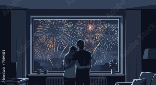 Couple embraces watching vibrant fireworks over a city skyline from a dark room at night
