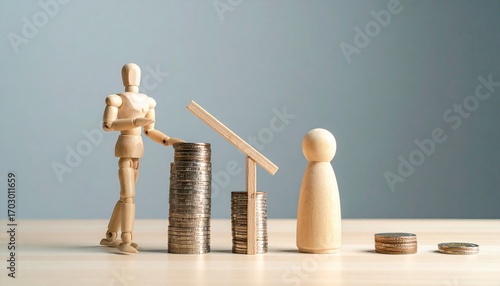 Two wooden mannequins stand beside coin stacks—one touches a house-like roof atop wealth, the other beside fewer coins. A minimalist metaphor for financial disparity and the choreography of aspiration