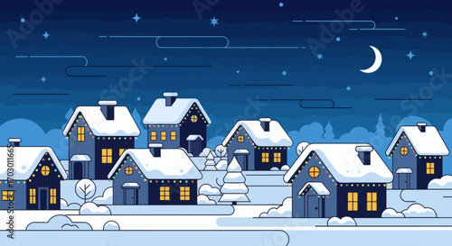 Cozy winter village scene at night with snowcovered houses colorful lights stars and a crescent moon
