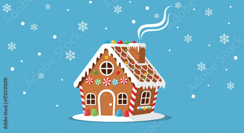 Decorated gingerbread house with icing colorful candies and smoking chimney on blue background with snowflakes