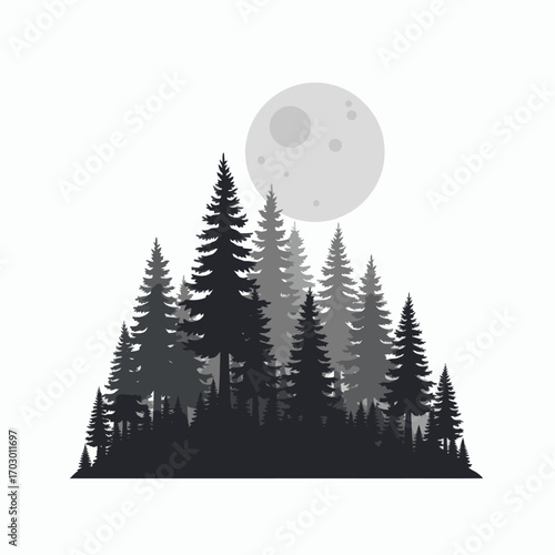 Dense pine forest silhouette with multiple gray trees and a large light gray moon in a clear white sky