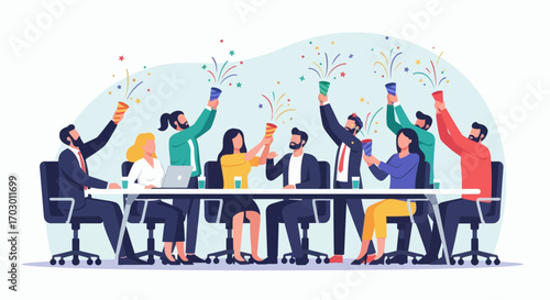 Diverse business professionals celebrating with party poppers and confetti at a long table in an office