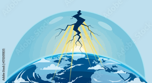 Earth under a cracked blue dome with light rays beaming through the fissure