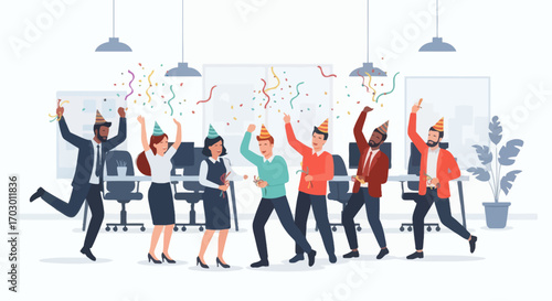 Diverse group of people in an office celebrating with party hats and confetti dancing amidst desks