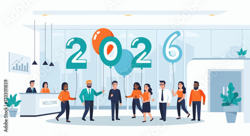 Diverse people hold large balloons spelling 2026 in a modern office reception with a welcome desk