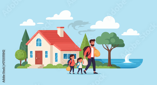 Family father two girls with luggage walks past a house trees and water under a cloudy sky