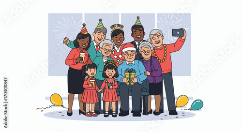 Diverse multigenerational group celebrating a festive occasion indoors with party hats drinks a gift balloons and confetti