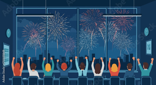 Eight people with raised arms watch vibrant fireworks over a city skyline from a dark office
