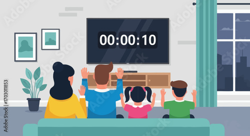 Family of four on a couch with raised hands facing a TV displaying a 000010 countdown in a room